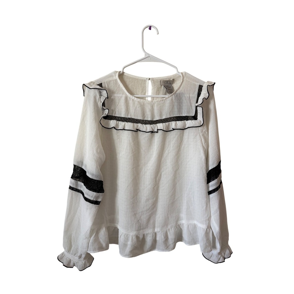 NWT CAD Women White Black Ruffle Lace Long Sleeve Blouse Top Size S Style SD2742